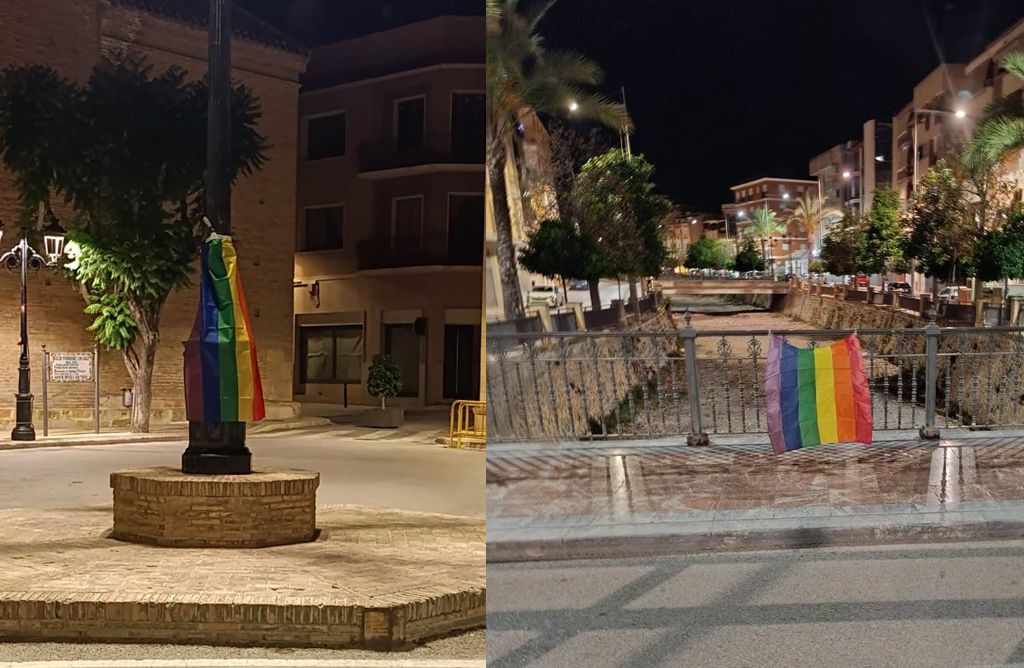 Varios puntos emblem�ticos de Totana se llenaron de banderas LGTBI durante la madrugada del 19 de junio